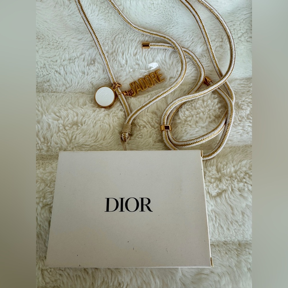 DIOR Phone Ring / Adjustable Strap Gold & White Rope Lanyard with J'ADORE Charms
